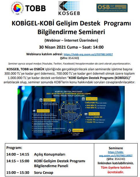 KOBİGEL-KOBİ Gelişim Destek  Programı Bilgilendirme Semineri (Webinar – İnternet Üzerinden)