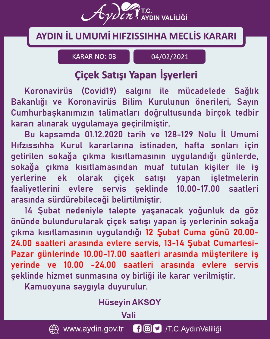 Aydın İl Umumi Hıfzıssıhha Kurulu Çiçek Satışı Yapan İşyerleri Hakkında Karar