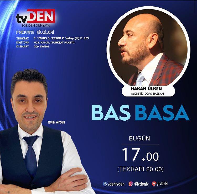 TOBB Yönetim Kurulu Üyesi ve Odamız Başkanı Hakan ÜLKEN, 30 Kasım Perşembe günü (bugün) saat 17:00’te TvDEN’ de canlı yayınlanacak olan Emin AYDIN’ la “Baş Başa” programına konuk oluyor