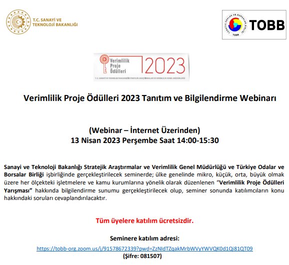 VERİMLİLİK PROJE ÖDÜLLERİ 2023 TANITIM VE BİLGİLENDİRME WEBİNAR DUYURUSU