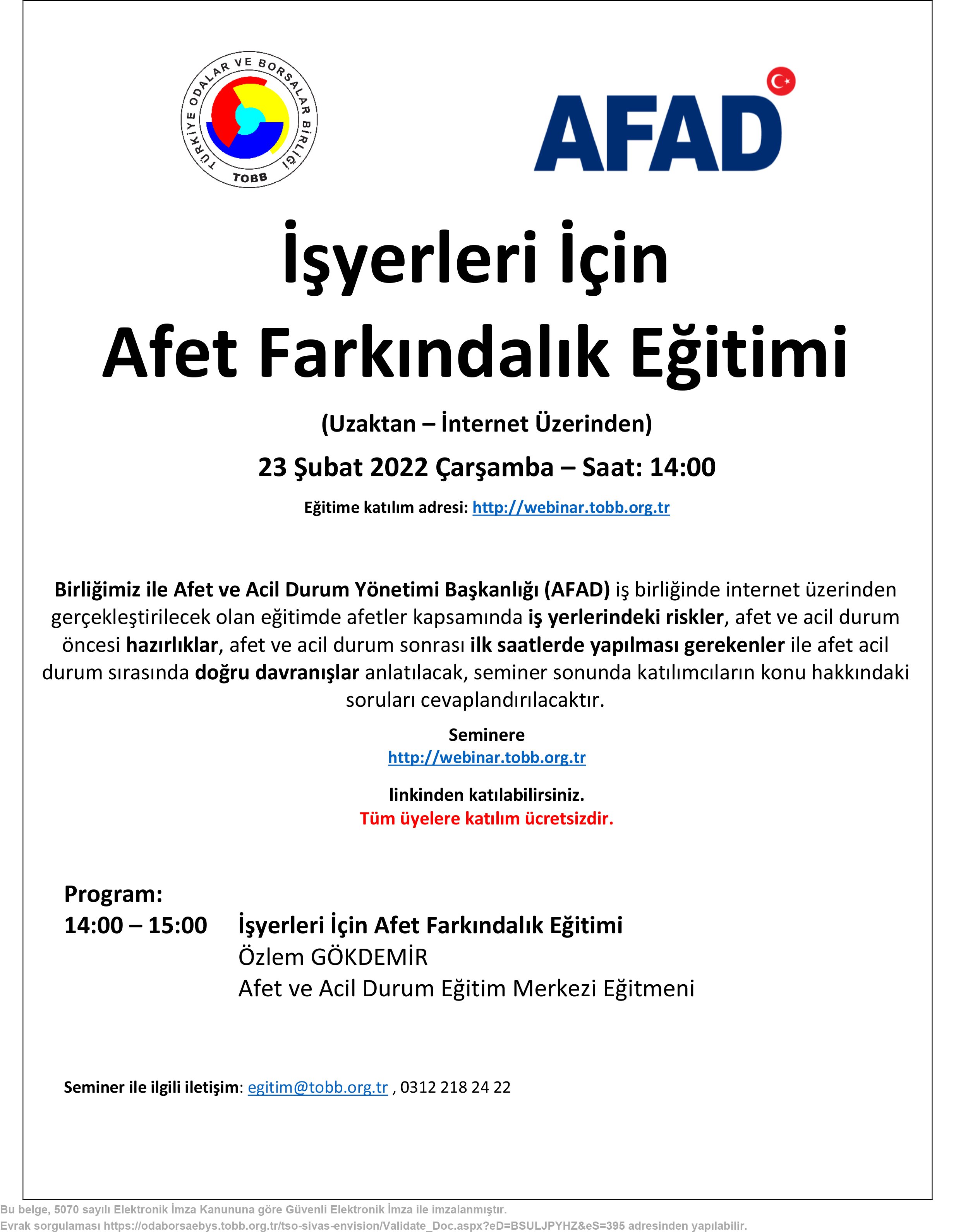 İŞYERLERİ İÇİN AFET FARKINDALIK EĞİTİMİ (UZAKTAN – İNTERNET ÜZERİNDEN)