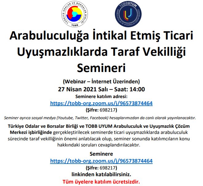 ARABULUCULUĞA İNTİKAL ETMİŞ TİCARİ UYUŞMAZLIKLARDA TARAF VEKİLLİĞİ SEMİNERİ (WEBİNAR-İNTERNET ÜZERİNDEN)