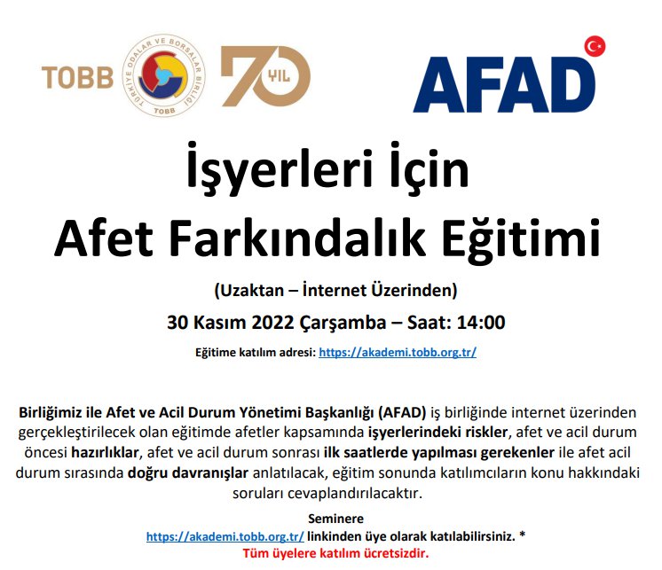 İŞYERLERİ İÇİN AFET FARKINDALIK EĞİTİMİ (UZAKTAN – İNTERNET ÜZERİNDEN)