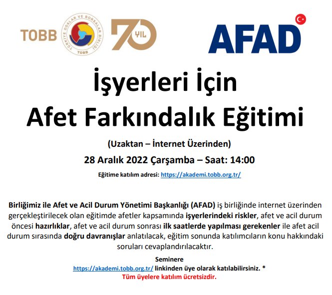 İŞYERLERİ İÇİN AFET FARKINDALIK EĞİTİMİ (UZAKTAN – İNTERNET ÜZERİNDEN)