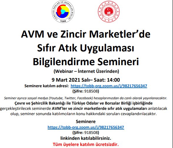 “AVM ve Zincir Marketler’de Sıfır Atık Uygulaması Bilgilendirme Semineri” (Webinar – İnternet Üzerinden)