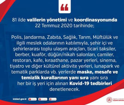 Ülke Genelinde, Valilerin Yönetimi ve Koordinasyonunda, Koronavirüs Tedbirleri Denetimi Yapılacak