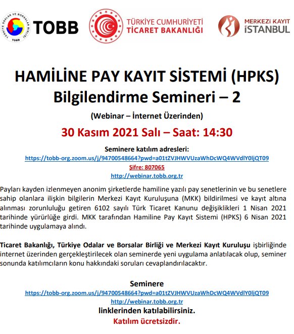 HAMİLİNE PAY KAYIT SİSTEMİ (HPKS) BİLGİLENDİRME SEMİNERİ