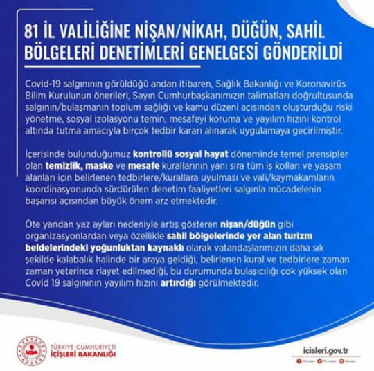 81 İl Valiliğine Nişan/Nikah, Düğün, Sahil Bölgeleri Denetimleri Genelgesi Gönderildi