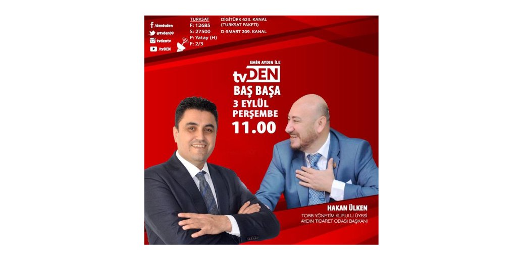 Odamız Yönetim Kurulu Başkanı Hakan Ülken 3 Eylül Perşembe günü saat 11:00’da TVDEN’de yayınlanacak olan Emin Aydın’la BAŞ BAŞA programına konuk oluyor.