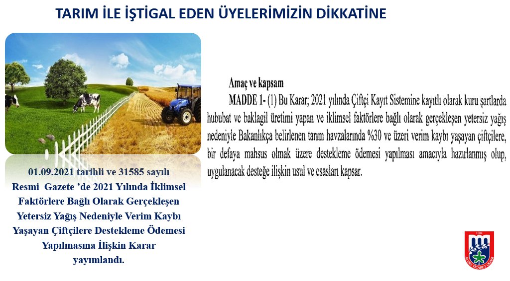 2021 Yılında İklimsel Faktörlere Bağlı Olarak Gerçekleşen Yetersiz Yağış Nedeniyle Verim Kaybı Yaşayan Çiftçilere Destekleme Ödemesi Yapılmasına İlişkin Karar