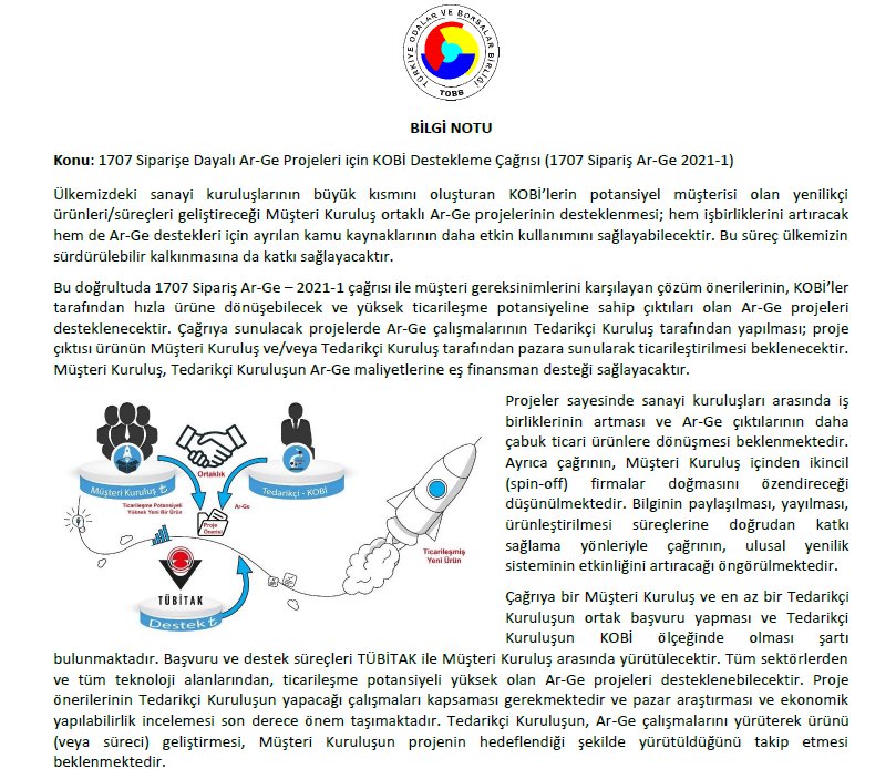 TÜBİTAK 1707 Siparişe Dayalı Ar-Ge Projeleri için KOBİ Destekleme Çağrısı açıldı.