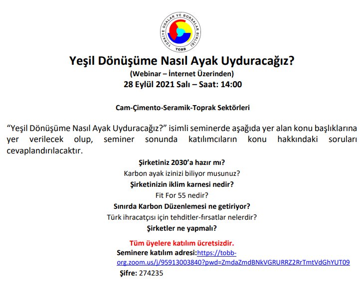 YEŞİL DÖNÜŞÜME NASIL AYAK UYDURACAĞIZ? (WEBİNAR – İNTERNET ÜZERİNDEN)