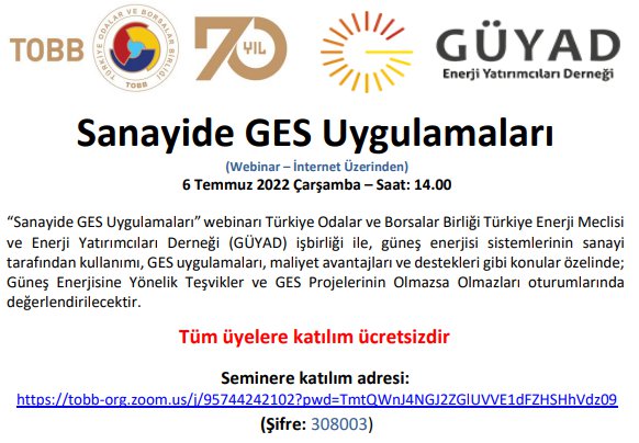 SANAYİDE GES UYGULAMALARI WEBİNARI (İNTERNET ÜZERİNDEN)