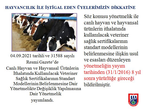 Canlı Hayvan ve Hayvansal Ürünlerin İthalatında Kullanılacak Veteriner Sağlık Sertifikalarının Standart Modellerinin Belirlenmesine Dair Yönetmelikte Değişiklik Yapılmasına Dair Yönetmelik Canlı Hayvan ve Hayvansal Ürünlerin İthalatında Kullanılacak Veteriner Sağlık Sertifikalarının Standart Modelle