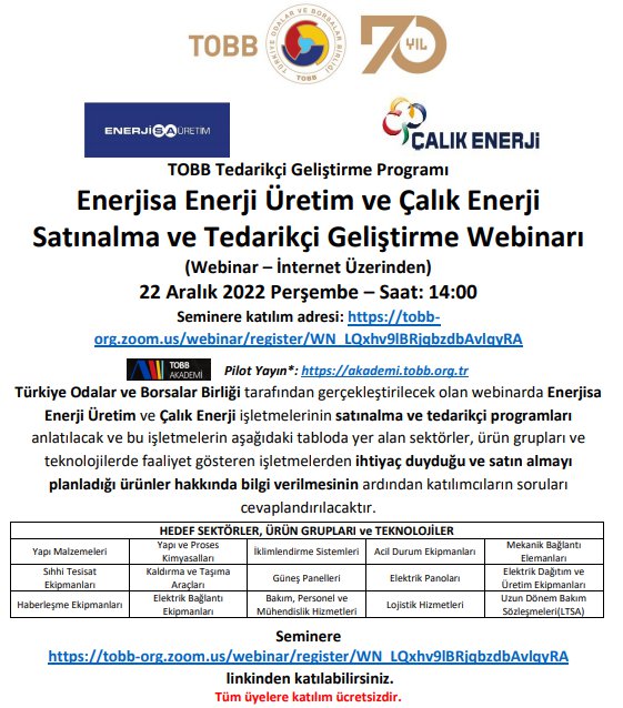 TOBB TEDARİKÇİ GELİŞTİRME PROGRAMI ENERJİSA VE ÇALIK ENERJİ  SATINALMA VE TEDARİKÇİ GELİŞTİRME WEBİNARI (İNTERNET ÜZERİNDEN - WEBİNAR)