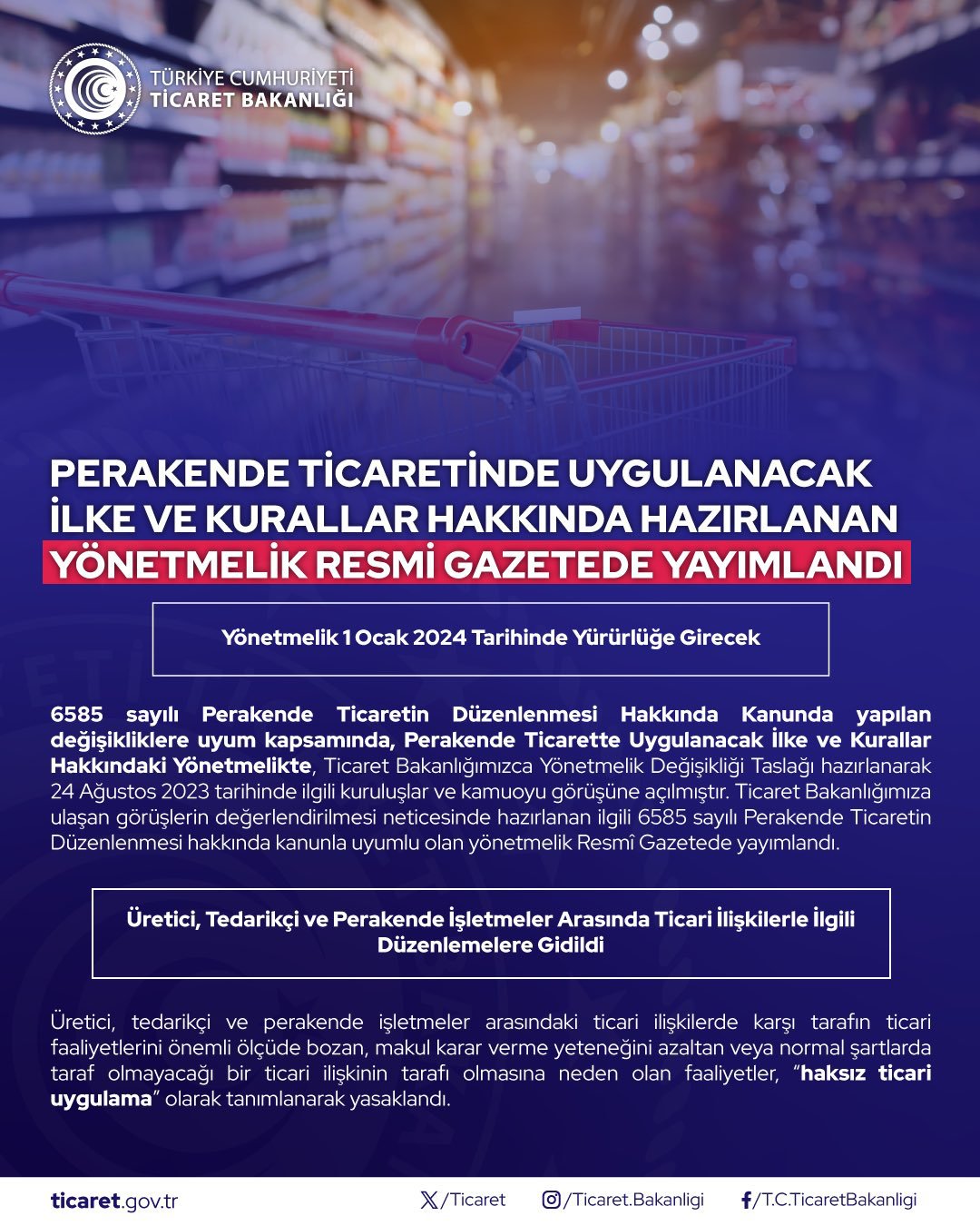 Perakende Ticaretinde Uygulanacak İlke ve Kurallar Hakkında Hazırlanan Yönetmelik Resmi Gazetede Yayımlandı (14.12.2023)