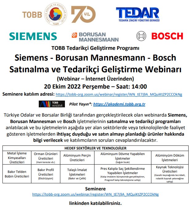 TOBB TEDARİKÇİ GELİŞTİRME PROGRAMI SİEMENS - BORUSAN MANNESMANN - BOSCH SATINALMA VE TEDARİKÇİ GELİŞTİRME WEBİNARI (İNTERNET ÜZERİNDEN - WEBİNAR)