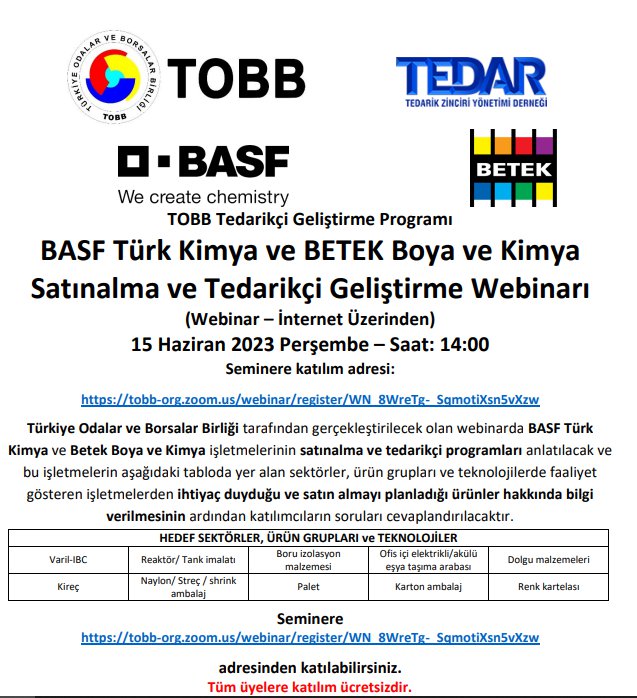 TOBB TEDARİKÇİ GELİŞTİRME PROGRAMI BASF TÜRK KİMYA VE BETEK BOYA VE KİMYA SATINALMA VE TEDARİKÇİ GELİŞTİRME WEBİNARI (İNTERNET ÜZERİNDEN - WEBİNAR)