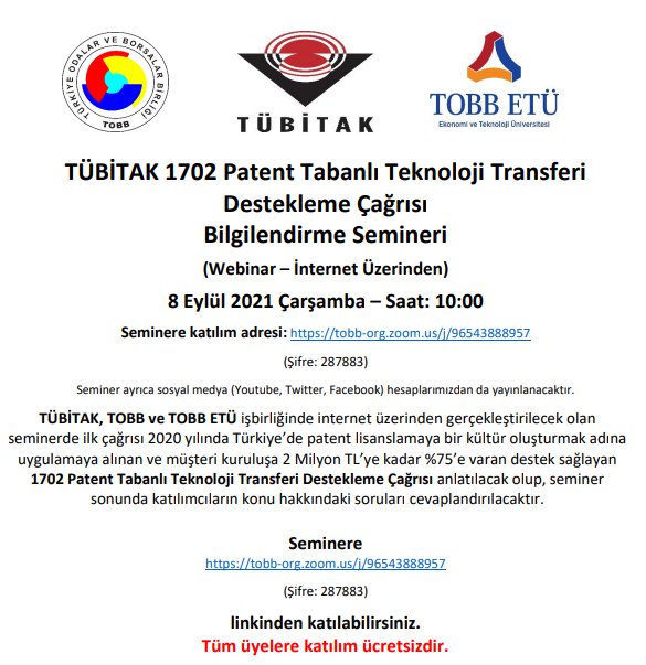 TÜBİTAK 1702 Patent Tabanlı Teknoloji Transferi Destekleme Çağrısı Bilgilendirme Semineri (Webinar-İnternet Üzerinden)