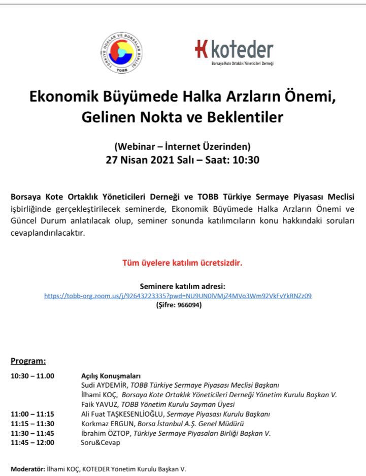 Ekonomik Büyümede Halka Arzların Önemi, Gelinen Nokta ve Beklentiler (Webinar – İnternet Üzerinden)