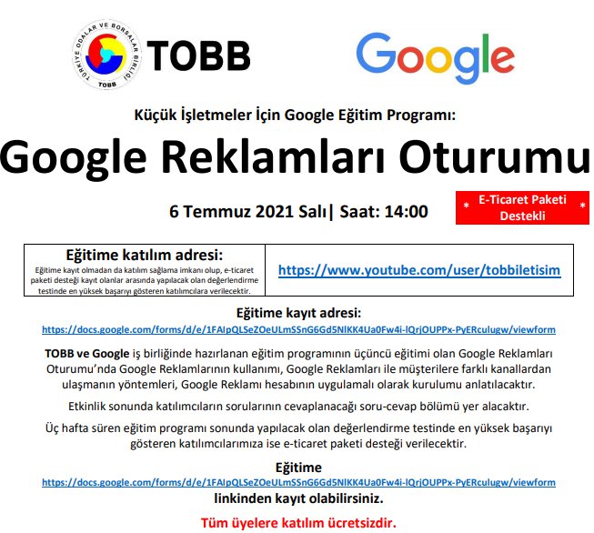 GOOGLE REKLAMLARI OTURUMU - KÜÇÜK İŞLETMELER İÇİN GOOGLE EĞİTİM PROGRAMI ***E-TİCARET PAKETİ DESTEKLİ