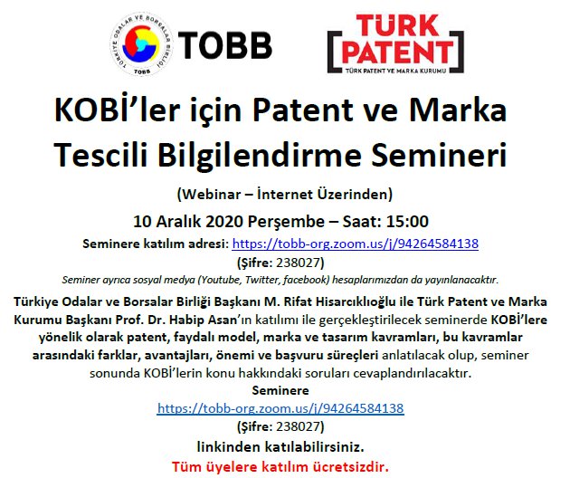 KOBİ’ler için Patent ve Marka Tescili Bilgilendirme Semineri (Webinar – İnternet Üzerinden)