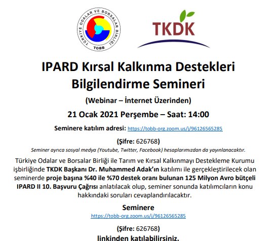 IPARD Kırsal Kalkınma Destekleri Bilgilendirme Semineri (Webinar – İnternet Üzerinden)