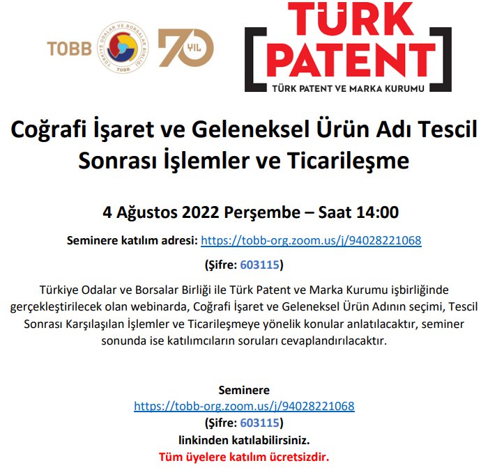 COĞRAFİ İŞARET VE GELENEKSEL ÜRÜN ADI TESCİL SONRASI İŞLEMLER VE TİCARİLEŞME BİLGİLENDİRME WEBİNARI