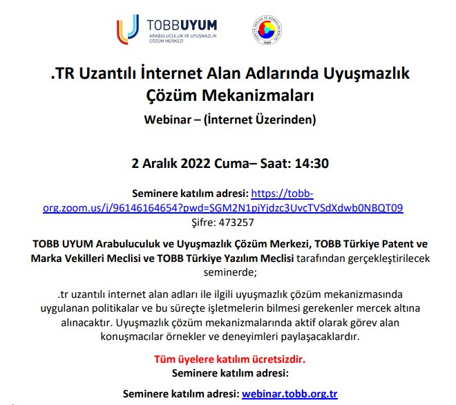 TR UZANTILI İNTERNET ALAN ADLARINDA UYUŞMAZLIK ÇÖZÜM MEKANİZMALARI WEBİNAR – (İNTERNET ÜZERİNDEN)