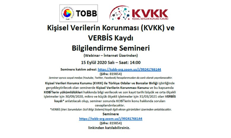 Kişisel Verilerin Korunması (KVKK) ve VERBİS Kaydı Bilgilendirme Semineri (Webinar – İnternet Üzerinden)