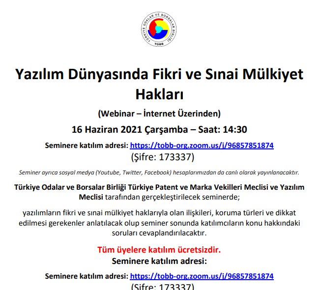 Yazılım Dünyasında Fikri ve Sınai Mülkiyet Hakları Semineri (Webinar – İnternet üzerinden)