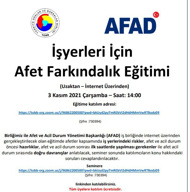 İŞYERLERİ İÇİN AFET FARKINDALIK EĞİTİMİ (UZAKTAN – İNTERNET ÜZERİNDEN)